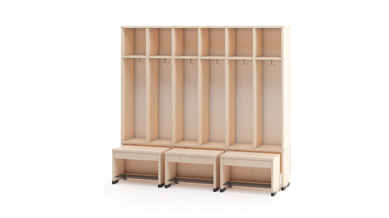 Garderobenschrank 6er mit Türen und Sitzbank 26cm