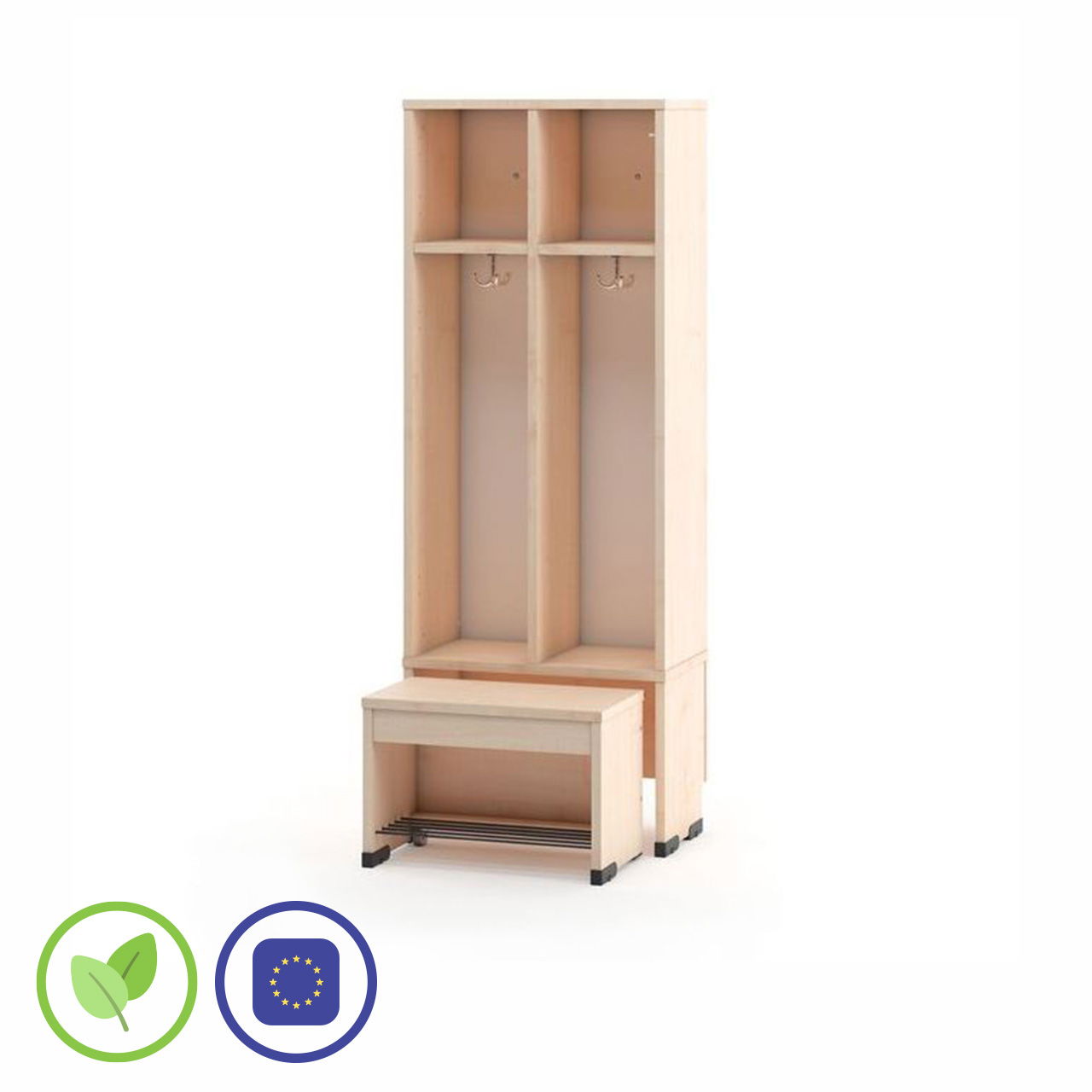 Garderobenschrank 2er ohne Türen mit Sitzbank 35cm