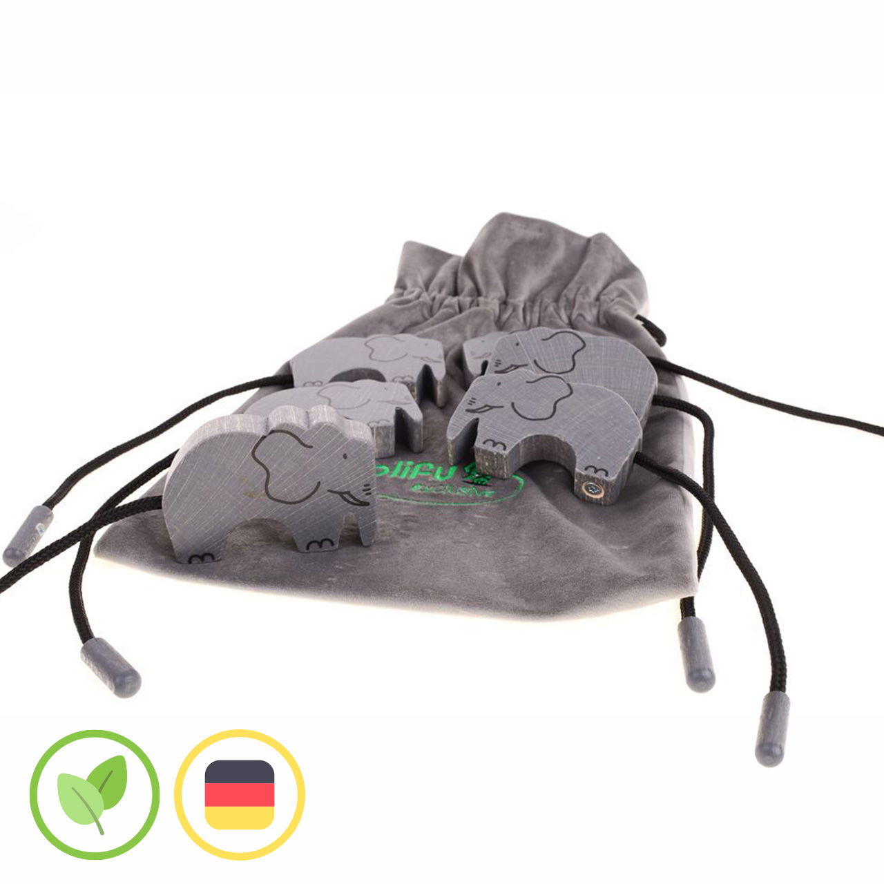 olifu Fädelelefant, 6er-Pack im Samtbeutel