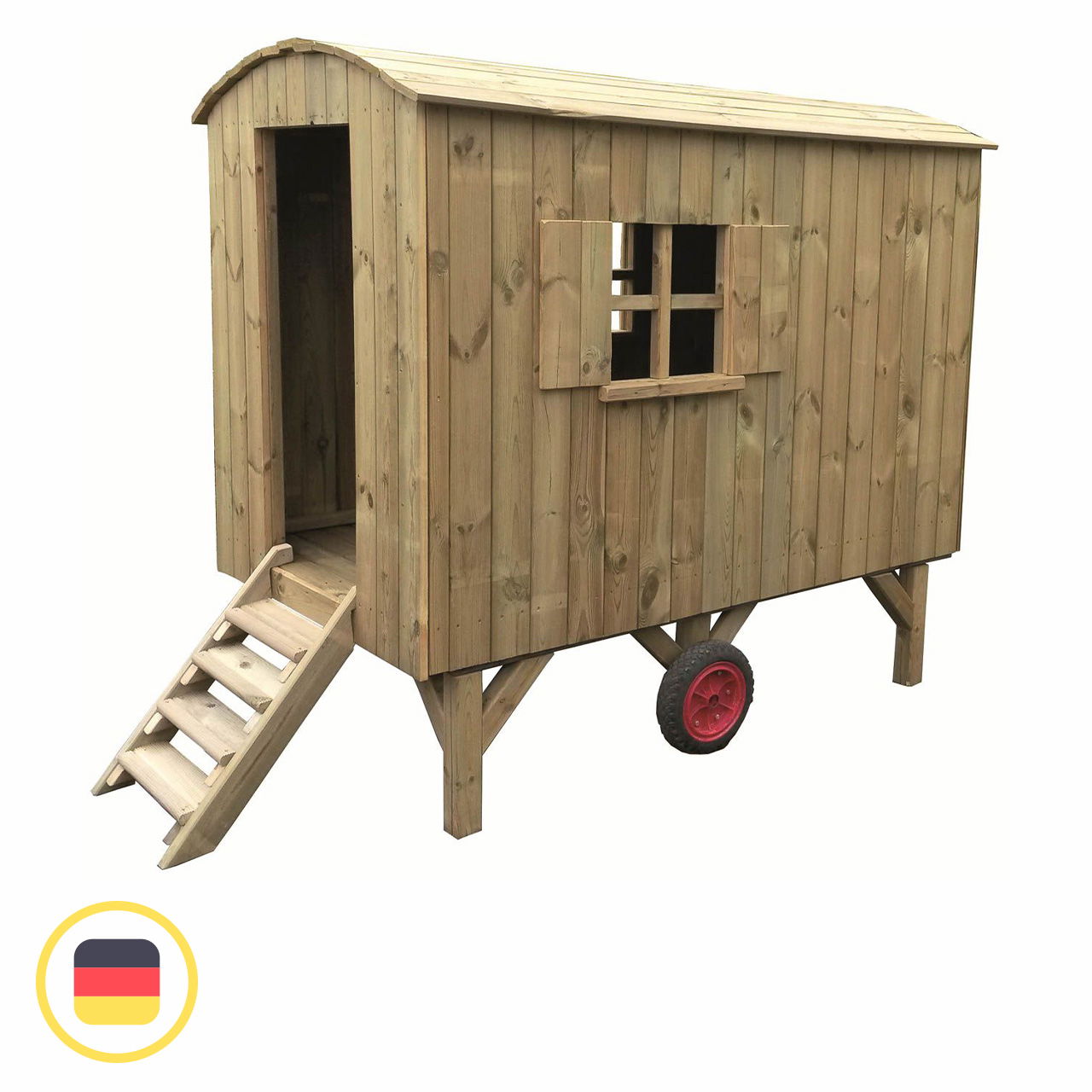 Bauwagen aus Kiefernholz mit Treppe, Sitzbank