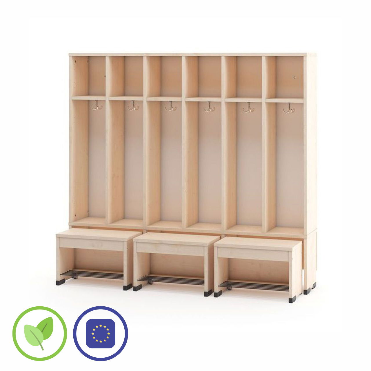 Garderobenschrank 6er ohne Türen mit Sitzbank 26cm