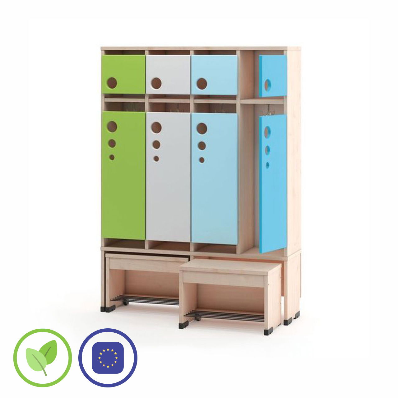 Garderobenschrank 4er mit Türen und Sitzbank 26cm