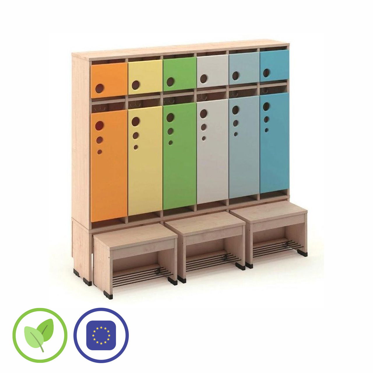 Garderobenschrank 6er mit Türen und Sitzbank 26cm