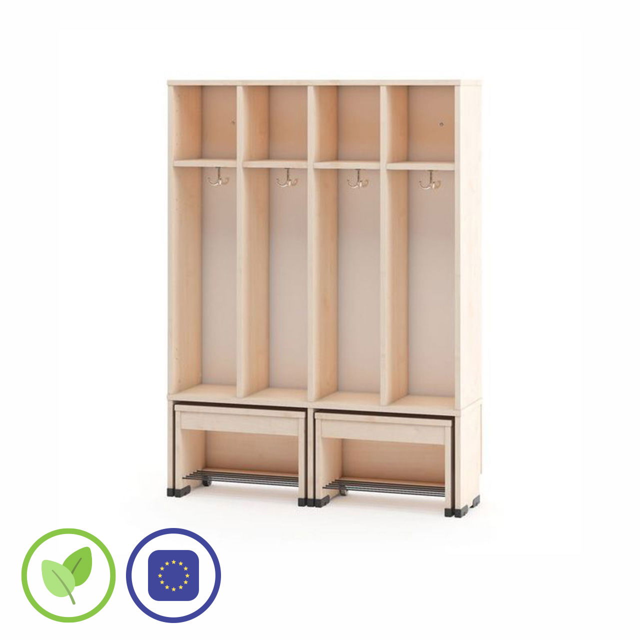 Garderobenschrank 4er ohne Türen mit Sitzbank 35cm