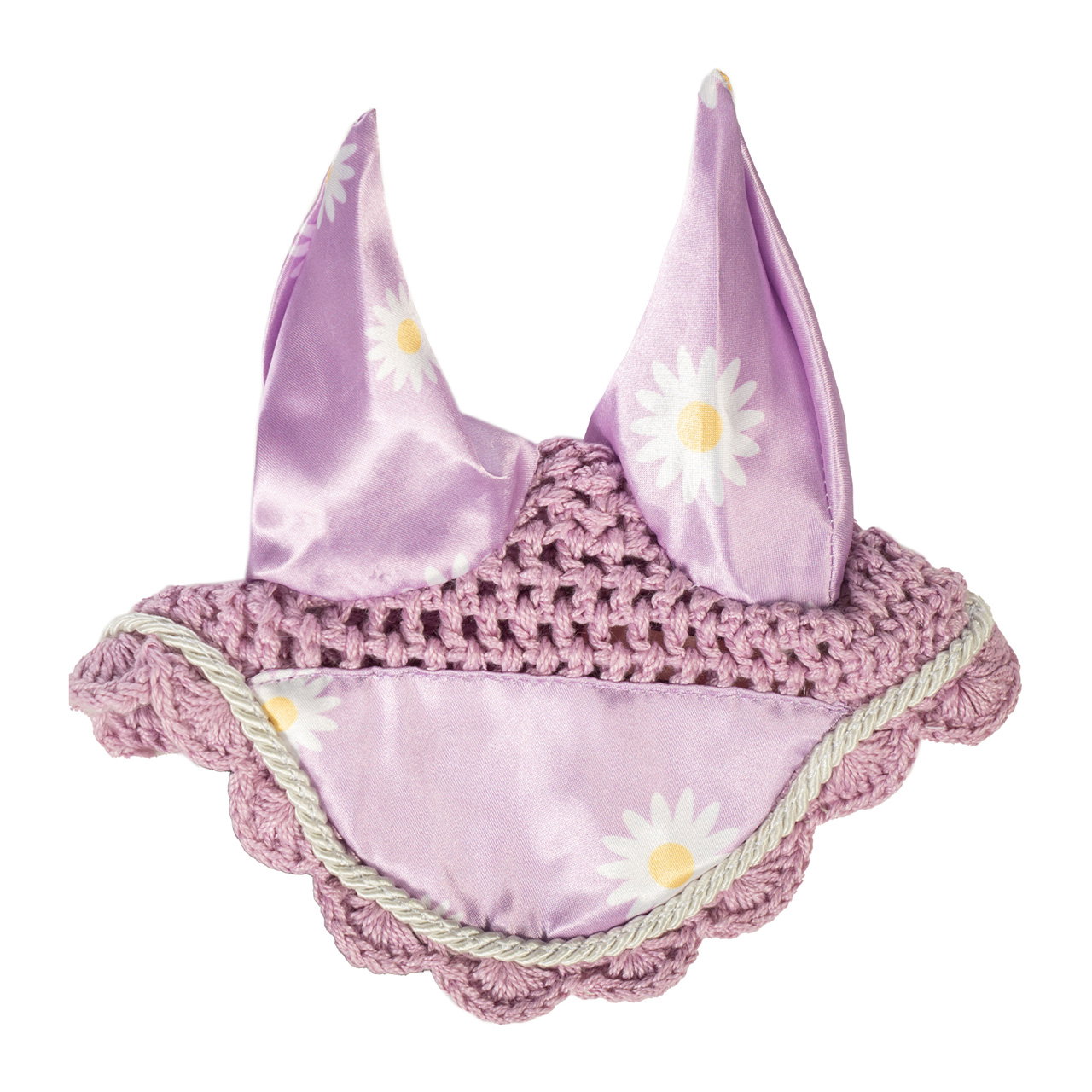 Fliegenhaube, Hobby Horsing, violett mit Gänseblümchen