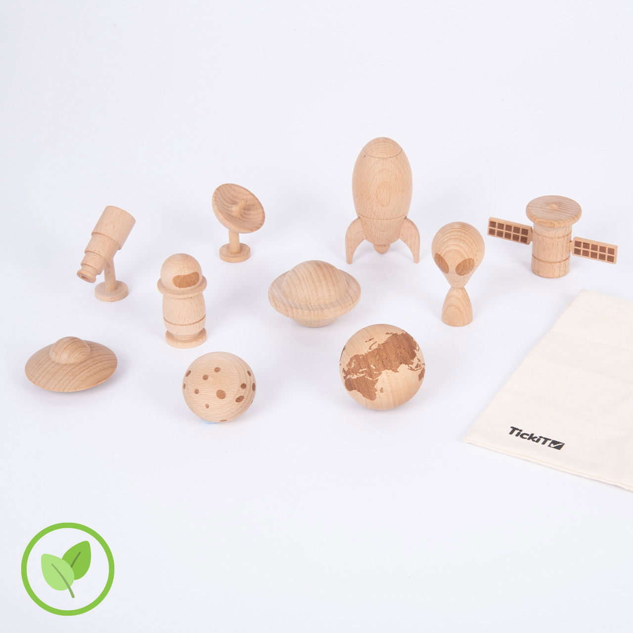 Raumfahrtset aus Holz, 10 tlg